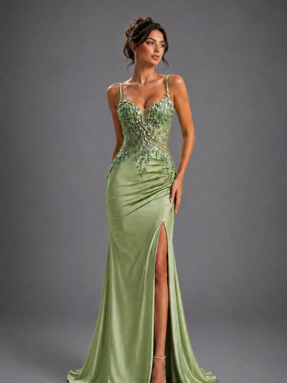 New Sage Sleeveless Beads Embellished Long Prom Dress w/ Corset Bodice DQ 4614